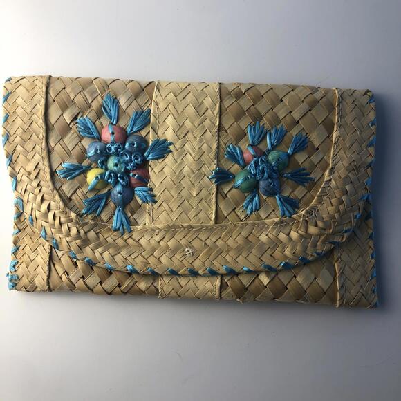 Handbags - Straw Woven Envelope Style Clutch Purse Bag Flowers Lined Snap Closure beach